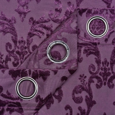 Aubergine Velvet Damask Light-Filtering Grommet Curtain Panels 52" x 108"