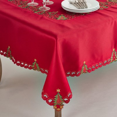 Red Christmas Tree Design Polyester Tablecloth with Gold Stars
