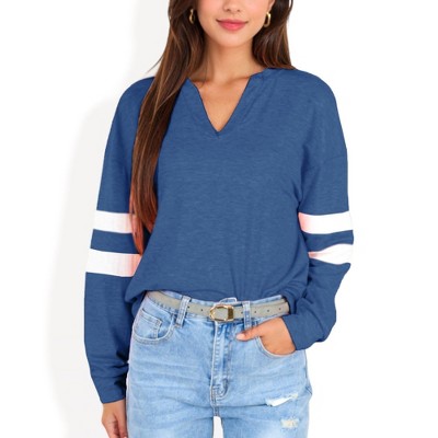 Anna-Kaci Women's Long Sleeve V-Neck Pullover with Contrast Sleeve Stripes