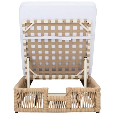 Tan Rope Wicker Armless Chaise with White Cushions