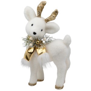 Northlight Glittered Standing Deer with Jingle Bell Christmas Figure - 12.25" - White and Gold - 1 of 4
