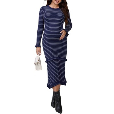 INSPIRE CHIC Women's Maternity Sweater Dress Stripped Ruffle Winter Warm Stretchy Knit Long Sleeve Maxi Dresses