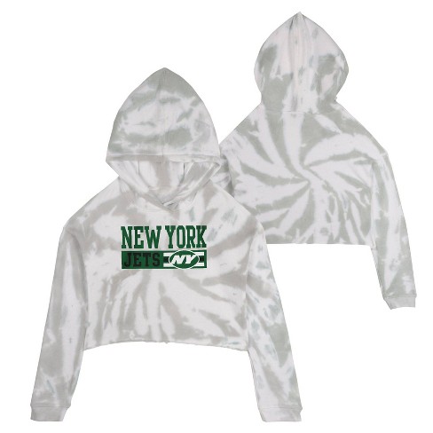 Nfl New York Jets Girls' Gray Tie-dye Crop Hooded Sweatshirt - Xs