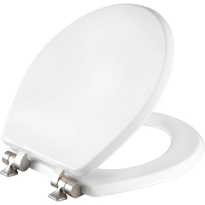 Photo 1 of Benton Soft Close Round Enameled Wood Toilet Seat Never Loosens Brushed Nickel Hinge White - Mayfair by Bemis