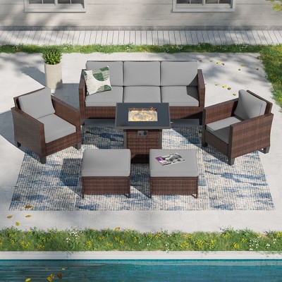 Sonkuki 6 Pieces Patio Sofa with Square Fire Pit Table and Ottomans, Wicker Conversation Couch,  Navy Blue Cushion