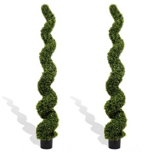 Okak 6/7FT Artificial Spiral Topiary Trees with Plastic Pot, Large Twisted Indoor Faux Boxwood Trees, Artificial Plants for Home, Set of 2 - 1 of 4
