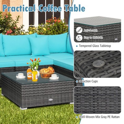 Turquoise Cushioned 6-Person Outdoor Rattan Sectional Sofa Set