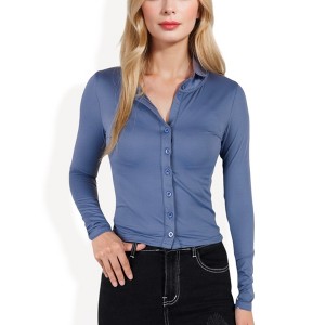 Anna-Kaci Women's Button Down Collared Top with Stretch Fabric Fitted Design - 1 of 4