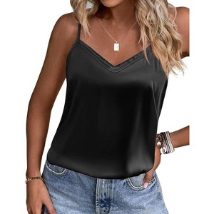 Ekouaer Women's Lace Silk Satin Pajama Tank Tops V Neck Camisole Soft Spaghetti Strap Tops Loose Sleepwear - 1 of 4