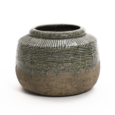 LuxenHome Rustic Brown and Green Stoneware 8.1-Inch Tall Indoor and Outdoor Bowl Vase