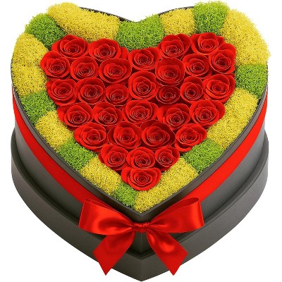 Moss Heart Preserved Roses - 30 Roses in a heart shaped box - Red