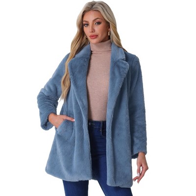 Allegra K Women's Lapel Collar Faux Fur Fuzzy Winter Long Overcoat with Pockets
