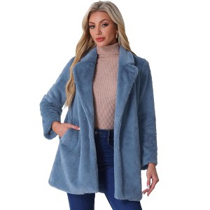 Allegra K Women's Lapel Collar Faux Fur Fuzzy Winter Long Overcoat with Pockets - 1 of 4