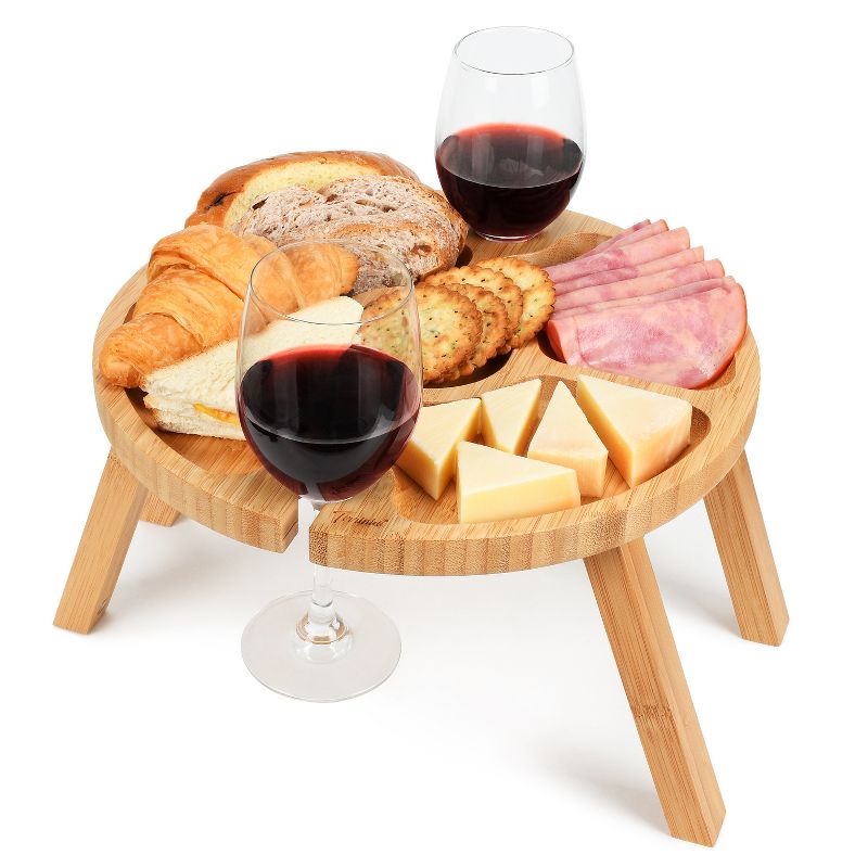 Tirrinia Portable Picnic Table with 2 Wine Glasses Holder, Functional Bamboo Snack Tray Table - Foldable for Picnic, Camping, Beach (12.5" x 12.5"), 1 of 8