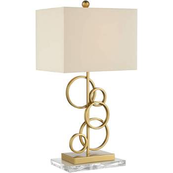 360 Lighting Saul Modern Table Lamp with Acrylic Riser 26" High Gold-Brass Open Rings Oatmeal Fabric Rectangular Shade for Bedroom Living Room Bedside