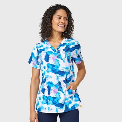 Wink Women's Fitted 3-Pocket V-Neck Print Scrub Top, Lagoon, XL