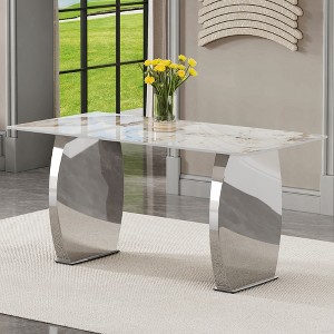 FURNIinspire Dining Tables Modern Rectangular Rock Look Table with Stainless Steel Legs for Dining Room and Kitchen, Silver, 63"*31.4"*30" - 1 of 4