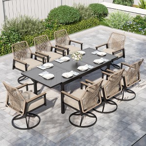 Captiva Designs 9pc Spacious Slat-top Rectangle Metal Table with Umbrella Hole & Beige Rattan Cushioned Chairs - 1 of 4
