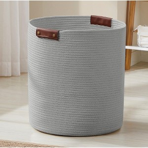 Ornavo Home Large Cotton Rope Laundry Hamper Woven Basket with Faux Leather Handles - 1 of 4