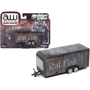 4-Wheel Enclosed Car Trailer Dark Gray with Graphics "Rat Fink" 1/64 Diecast Model by Auto World - 1 of 3