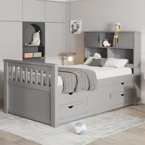 Platform Bed with Bookcase Headboard, Solid Wood Captain Bed Frame with Storage Drawers & Shelves for Bedroom-3irtyhousy - 1 of 4
