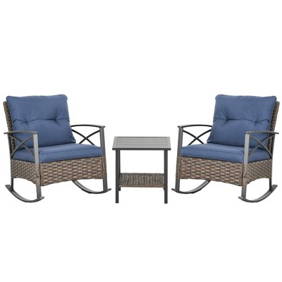 Dark Blue Wicker Rocking Chair Bistro Set with Cushions