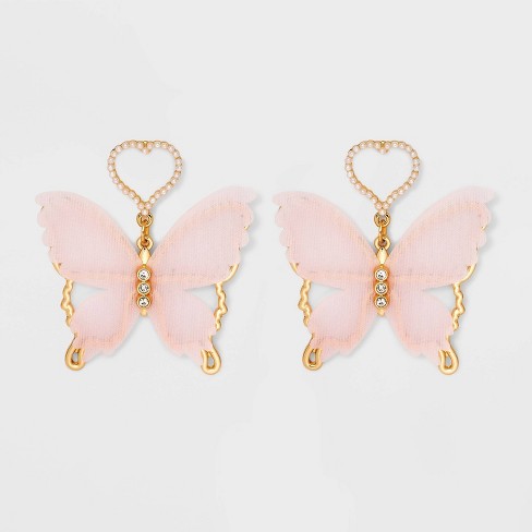 Open Heart Post and Butterfly Layered Drop Earrings - Wild Fable™ Light Pink