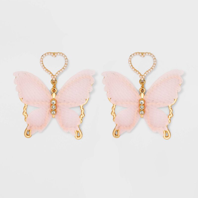 Open Heart Post and Butterfly Layered Drop Earrings - Wild Fable&#8482; Light Pink, 1 of 8