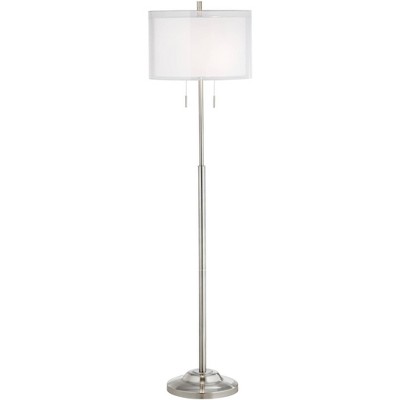 Possini Euro Design Modern Floor Lamp Brushed Steel Sheer and Linen Double Drum Shade for Living Room Reading Bedroom Office