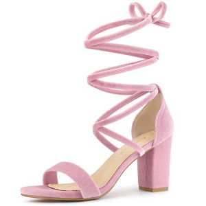 Allegra K Women's Faux Velvet Open Toe Strappy Lace-Up Chunky Heel Sandals - 1 of 4