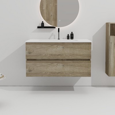 Akoasm 36 Inch Floating Bathroom Storage Cabinet With Integrated Ceramic Sink-Oak