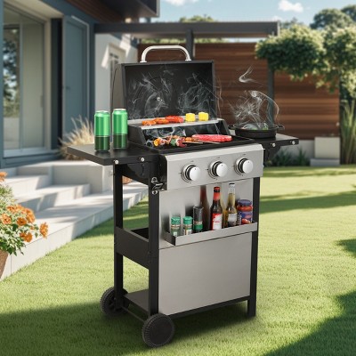 Coolbibila-3-Burner Propane Gas BBQ Grill, Iron BBQ Grill With Smoker, Outdoor Grill Station With High Power Output Of 46790BTU
