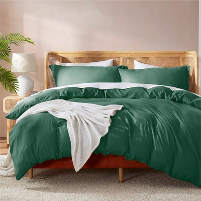 Hunter Green Queen Microfiber Duvet Cover Set with Button Closure