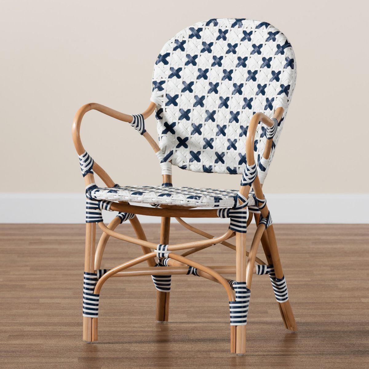 bali & pari Bryson Modern French Blue and White Weaving and Natural Rattan Bistro Chair - thumbnail 9