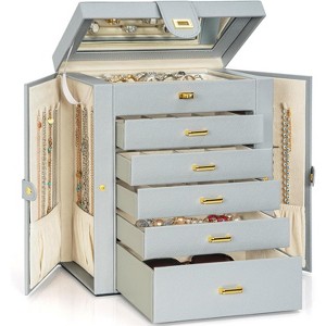 Functional Leather Jewelry Box with Mirror, Multi-Compartment Organizer for Rings, Necklaces & Bracelets, Black - 1 of 4