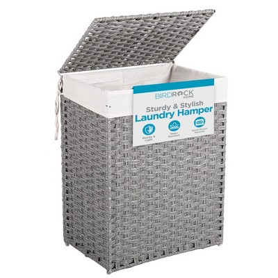 BIRDROCK HOME Laundry Hamper with Lid - Handwoven PE Rattan Basket, Removable Liner, Foldable Laundry Bin for Bathroom & Bedroom - Grey