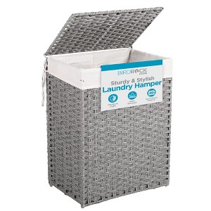 BIRDROCK HOME Laundry Hamper with Lid - Handwoven PE Rattan Basket, Removable Liner, Foldable Laundry Bin for Bathroom & Bedroom - Grey - 1 of 4