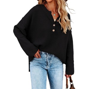 Women's Oversized Sweaters Batwing Long Sleeve Loose V Neck Button Henley Pullover Knit Tops Jumper - 1 of 4