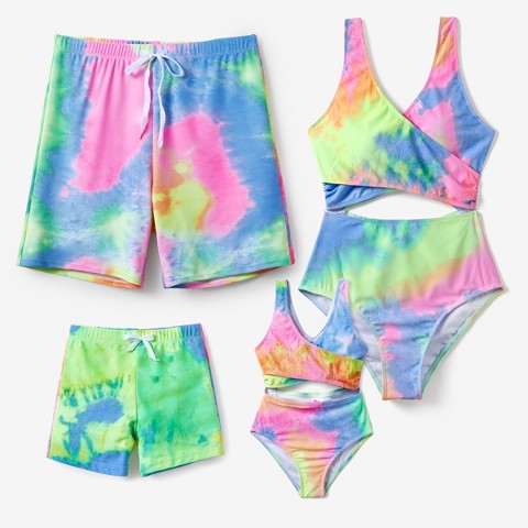 PATPAT Family Matching Swimwear Set Mommy and Me Tie-dye One-Piece Swimsuits Swim Trunks Shorts (Multi-color, Men: M)