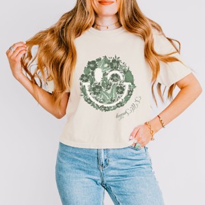 S.W.Smiley Green Floral Butterflies - Women's Boxy Crop Top Graphic T-Shirt - 1 of 4