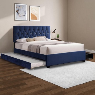 Lycvki Modern Blue Velvet Queen Bed with Twin Trundle and 2 Storage Drawers