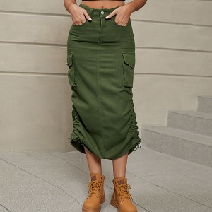 Coolmee Women Cargo Midi Skirt Low Waist Side Drawstring Button Ruched Vintage Slit Cargo Skirt with Pockets - 1 of 1