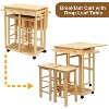 VINGLI Drop Leaf Table with 2 Square Stools and 2 Drawers Solid Wood Kitchen Table and Chair Set Island Cart Trolly Breakfast Bar - 3 of 4