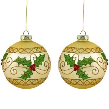 Northlight Set of 2 Golden Glittered Holly and Berries Christmas Glass Ball Ornaments 4"