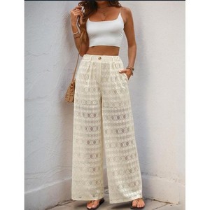 Women's Casual Wide Leg Button Front Trousers Straight Loose Long High Waisted Pants White S - 1 of 4