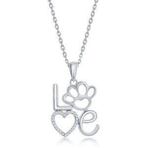 Bella Silver Sterling Silver, 'LOVE' w/Open CZ Heart and Paw Print 18" Pendant Necklace - Silver - 1 of 2