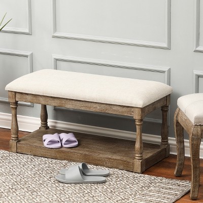 Beige Linen Upholstered Bench with Storage Shelf