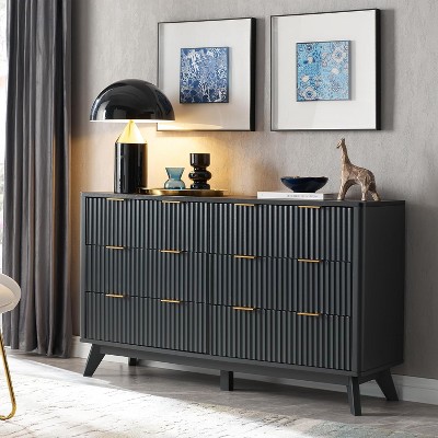 54" Wide Modern Dresser with 6 Drawers, Fluted Chest of Drawers with Faux Marble Top, Wood Drawer Organizer for Bedroom, Living Room