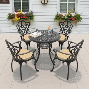 5-Piece Cast Aluminum Outdoor Dining Set with Beige Cushions, Round Table & Ergonomic Chairs - for Patio, Backyard - 1 of 4