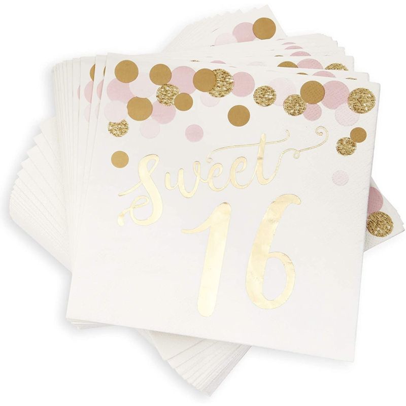 Sparkle and Bash 50 Pack Sweet 16 Disposable Napkins For Party, 6.5", Gold Foil, 1 of 5